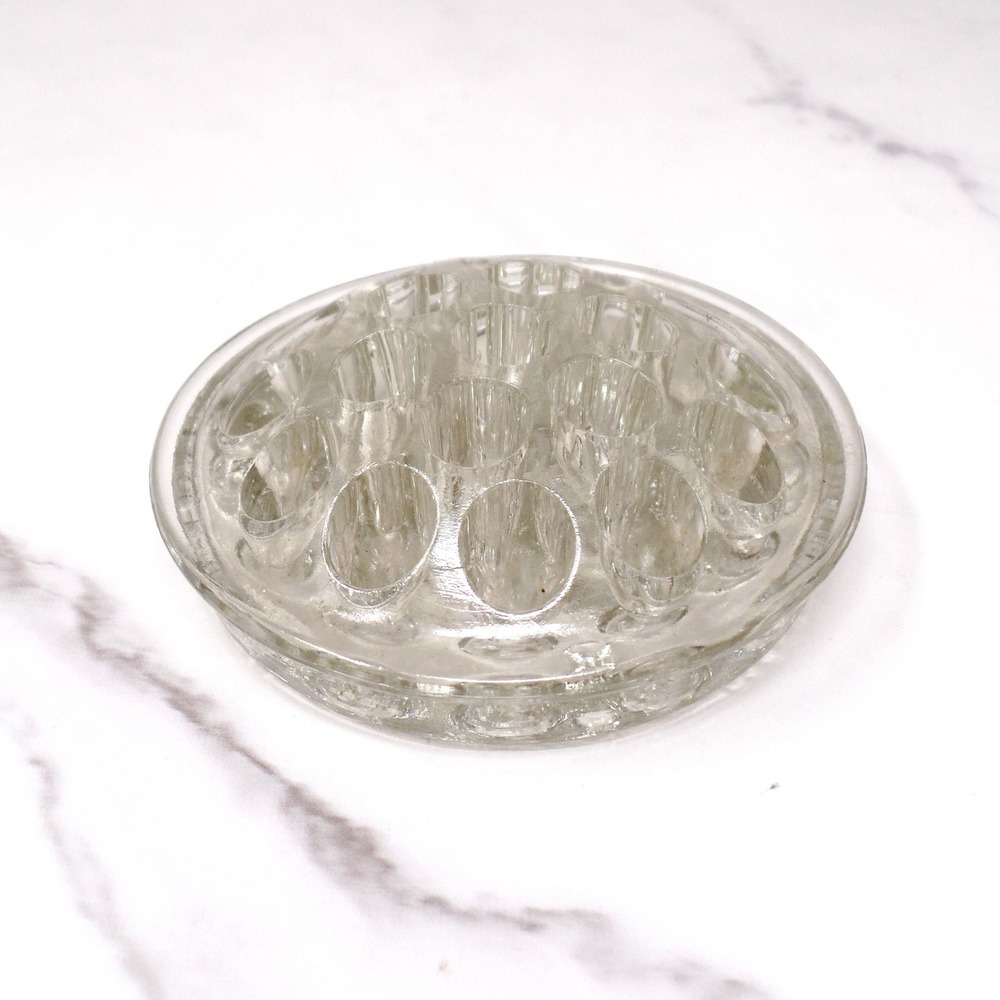 Vintage Clear Glass Flower Frog, 4.5 Inch, 19 Hole Domed Glass